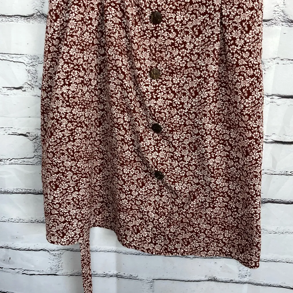 Y2K Monteau Burgundy Ditsy Floral Button Front Mini Dress Women’s Large Ruffle - Image 4