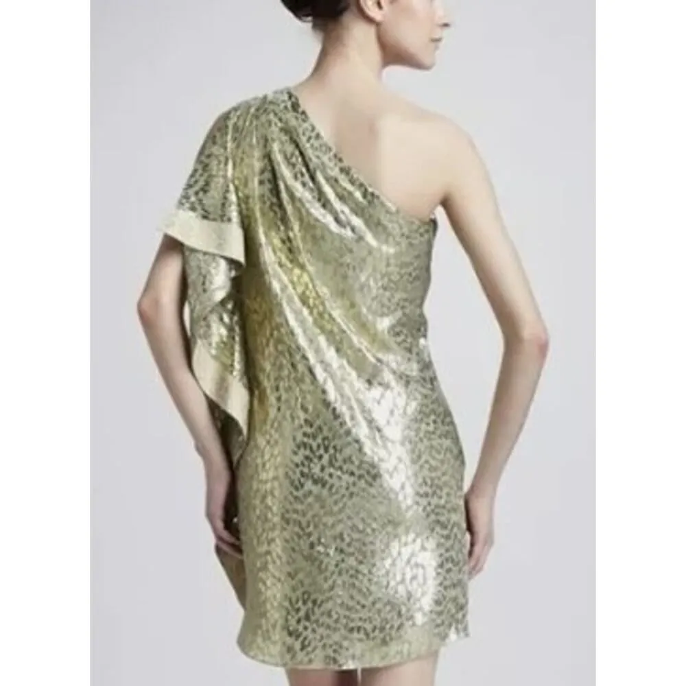 MARK + James Badgley Mischka Gold Silk One Shoulder Brocade Caftan Dress Sz. S Gold - Image 2