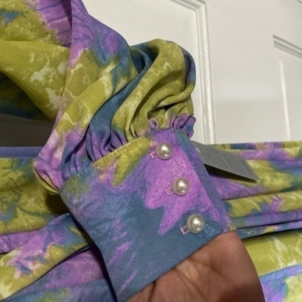 Meghan LA Lilypad Psychedelic Floral Tie Dye Long Sleeve Surplice Maxi Dress L - Image 4