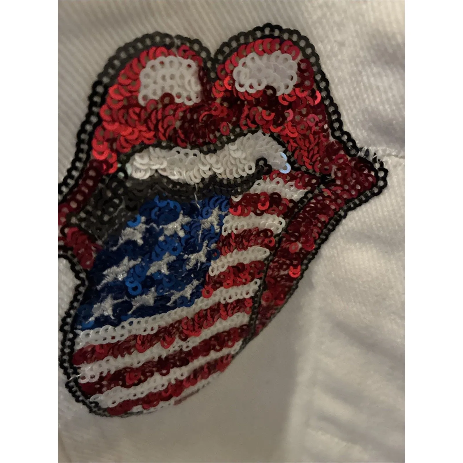 Fantastic Fawn Women’s White Denim Jacket Rolling Stones Sequin Patches Large - Image 3