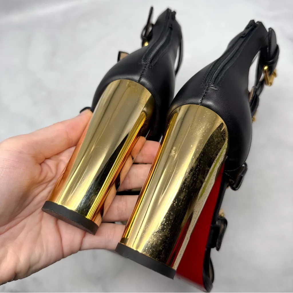 Christian Louboutin Fencing 100 Leather Gladiator Buckle Block Heel Bootie Black - Image 7