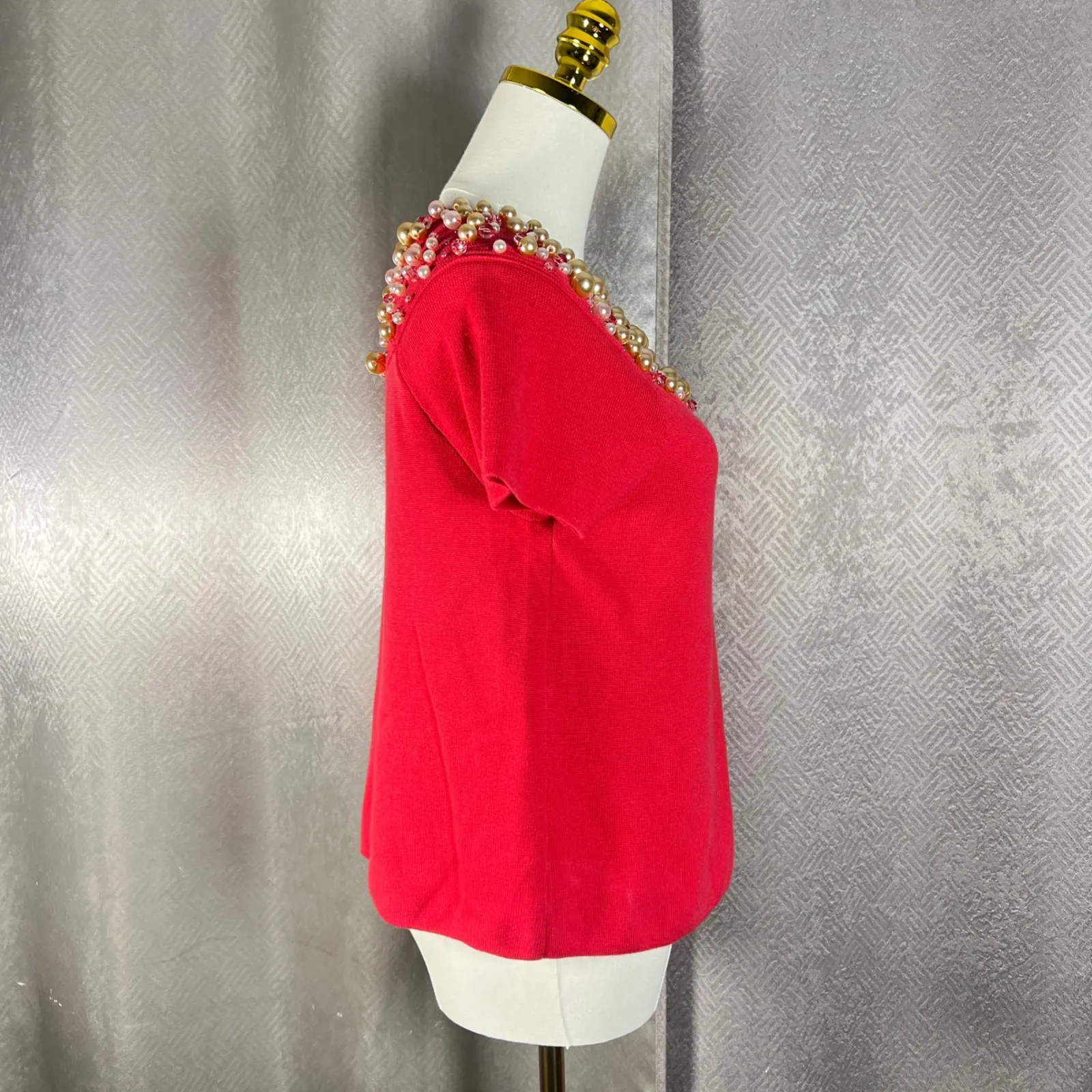 Anthropologie Moth Embellished Beaded Neckline Short Sleeve Top Coral Pink Small - Image 4