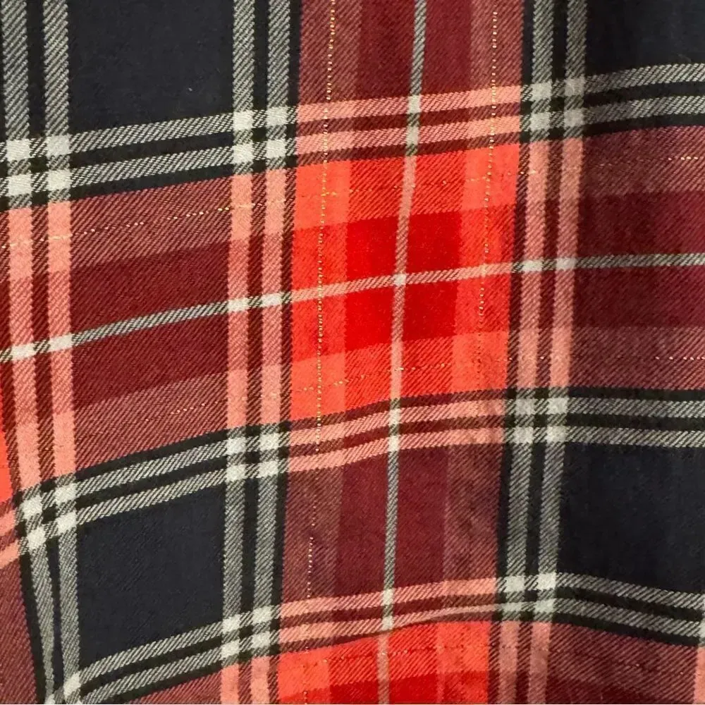 J CREW Pink and Navy Plaid Flannel Tunic with Gold Metallic Threads Size Medium - Image 5