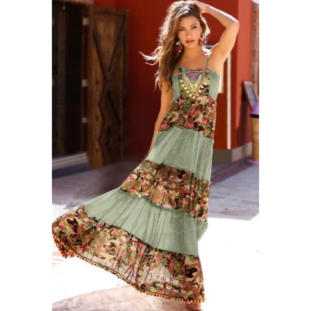 Boston Proper Nomad Camo Tassels Maxi Dress‎ with Pom Poms Size XS - Image 10