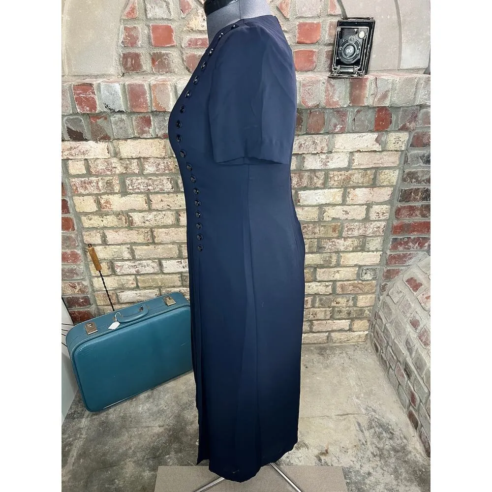 Dress 1980s Navy pleated bodice swing skirt shoulder pads Blue Size 6 - Image 5