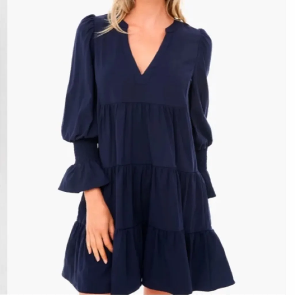Pomander Place X Tuckernuck Navy Blue Crepe Kenzo Dress Tiered Ruffle Coastal - Image 4