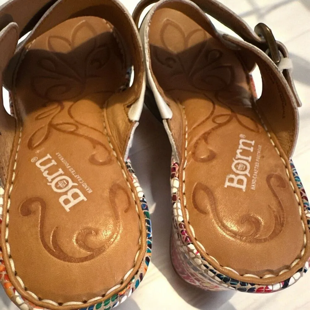 Born Curstyn White Leather Floral Mosaic Platform Wedge Mule Shoe Size 8M Women - Image 5