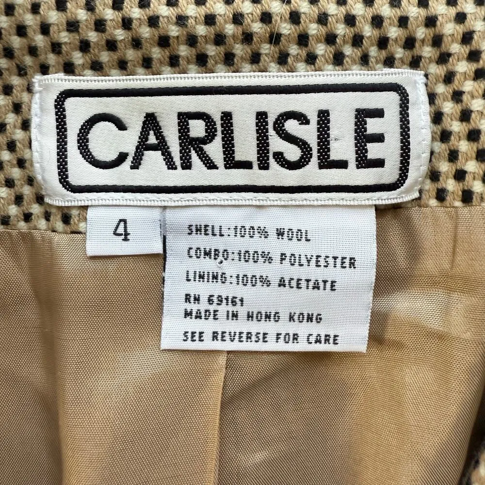 Carlisle Vintage 90s Woven Wool Blazer Jacket Tan Black High Collar Zip Up, Sz 4 - Image 3