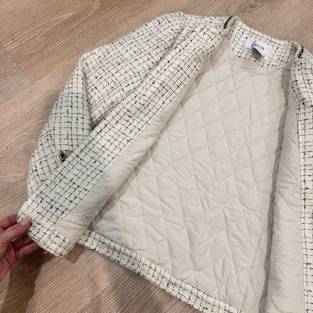 Goelia Wool Blend Tweed Jacket Cream Color Style, Tweed Blazer Size M - Image 11