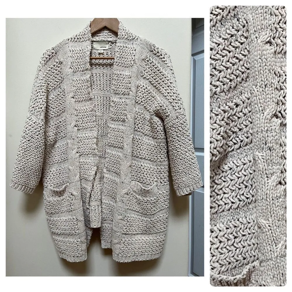 The Korner Open Knit Open Front Pockets Oversized Soft Longline Cardigan Size XS Tan - Image 12