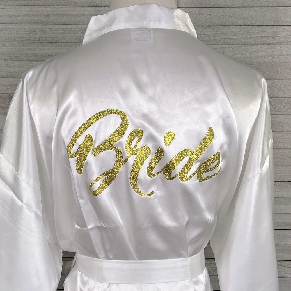 White Satin Bride Robe w Gold Lettering - Image 2