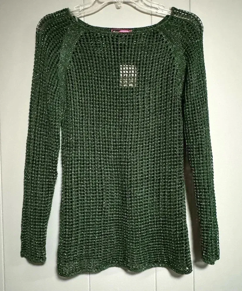 NWT SAY WHAT? Open Knit Long Sleeve Emerald Green Metallic Sweater Size Medium - Image 1