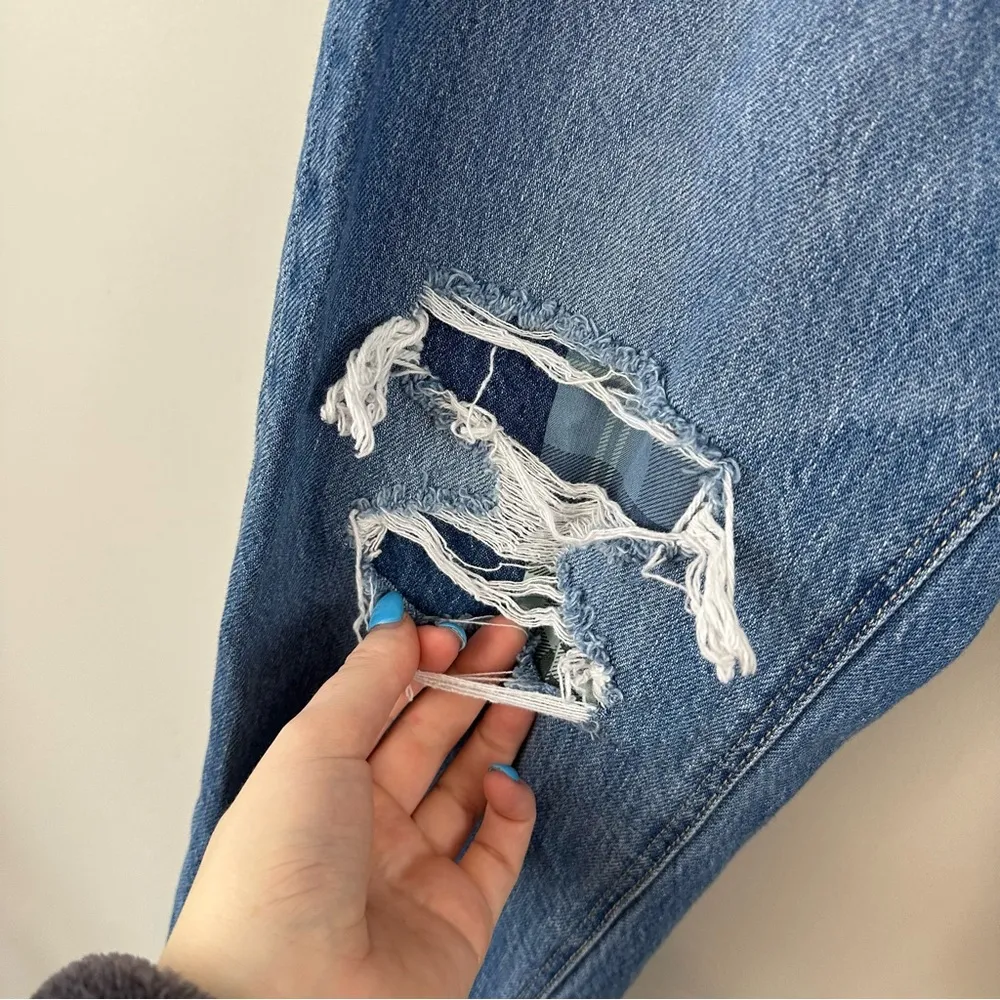 American Eagle | Medium Wash Distressed Plaid Patched Mom Straight Jeans Size 8 - Image 3