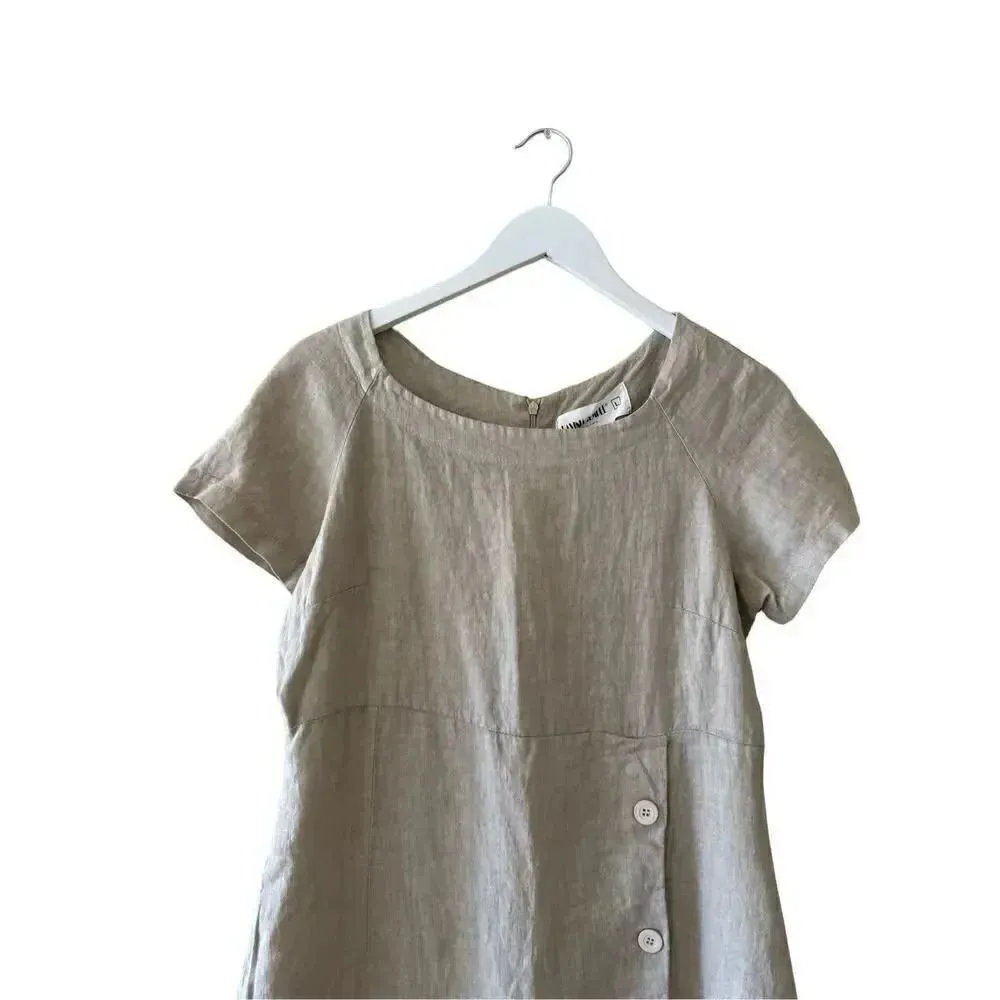 Lavinia Al Temple Linen Beige crew neck Short Sleeves Faux Side Buttons L # 1914 Tan Size L - Image 2
