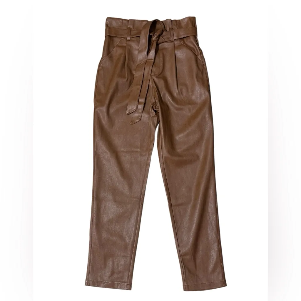 LUCY PARIS Faux Leather Paperbag Waist Pants S Brown $98 Retail NWT - Image 2