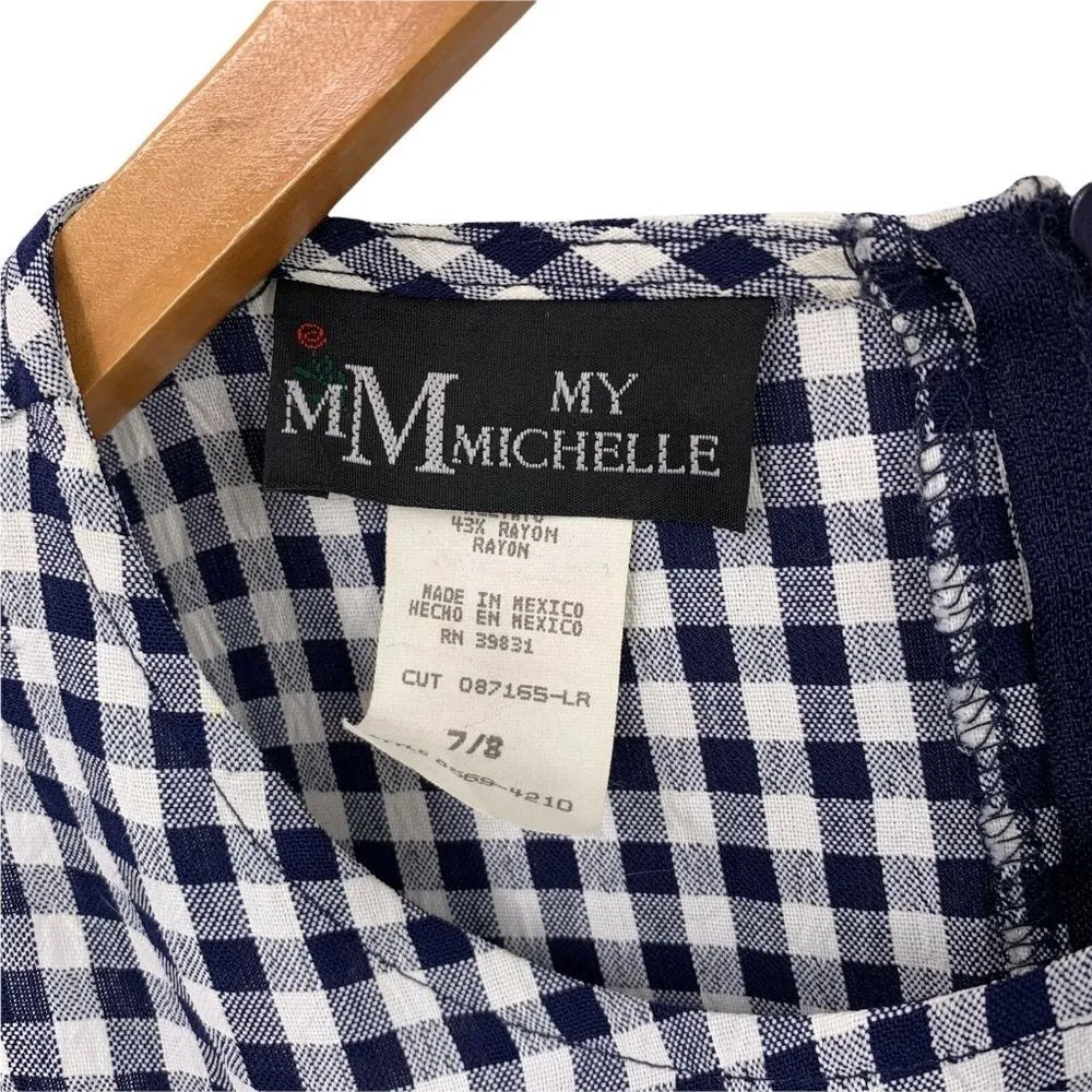 Vintage Y2K My Michelle Navy and White Gingham Rayon Lace-Up Back Dress Size 7/8 - Image 3