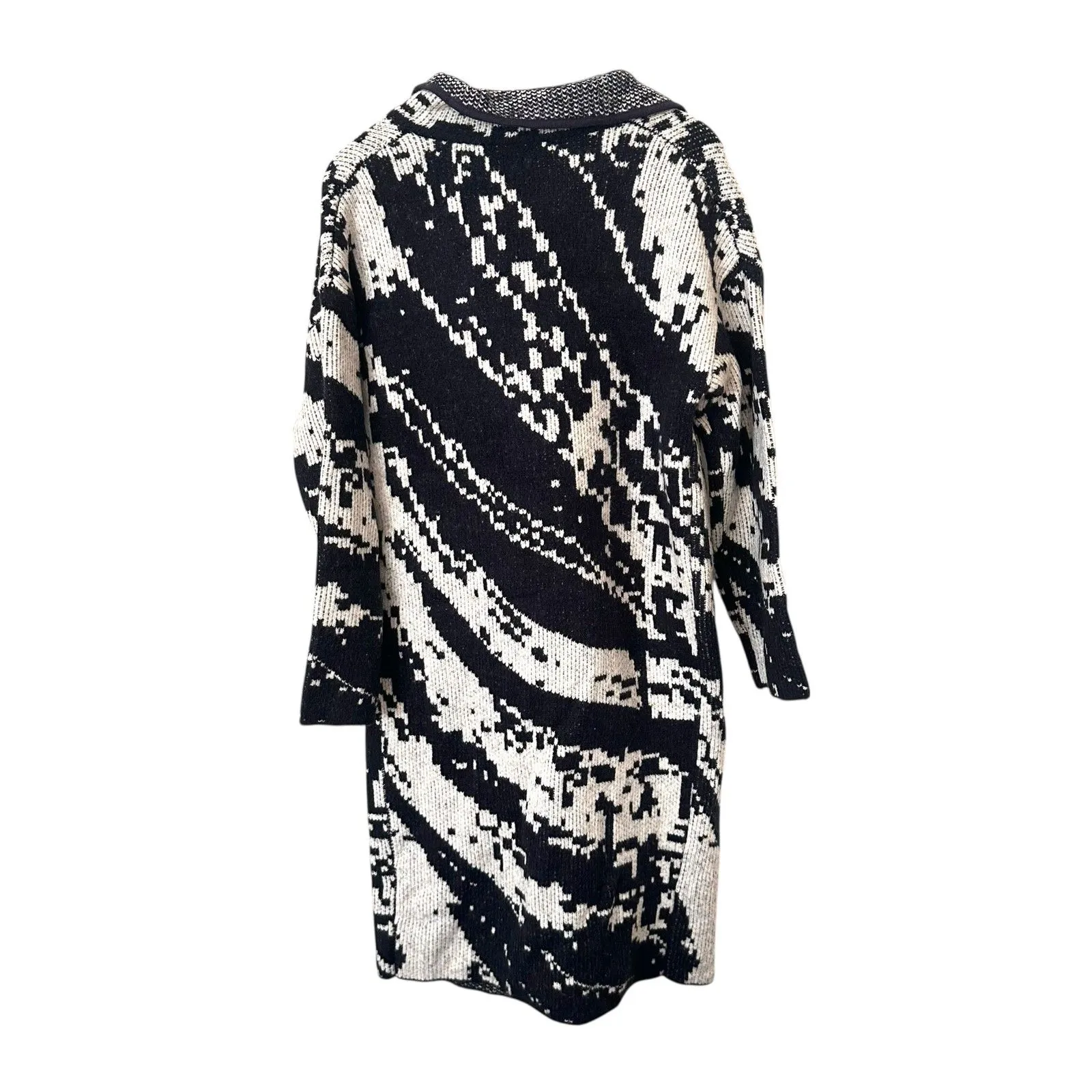 ONE GREY DAY Patterned Wool Blend Long Cardigan Navy/White Small Blue - Image 3