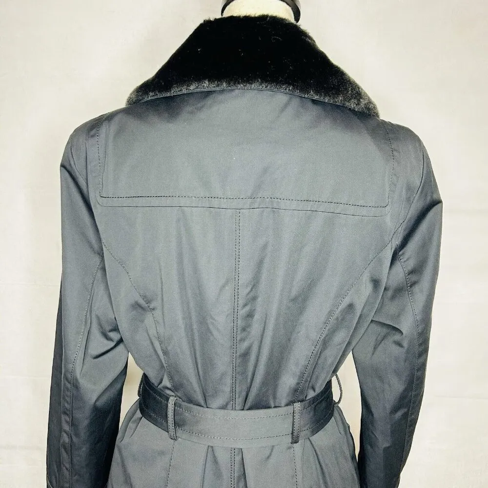 Jones New York Coat Size Large Black Faux Fur Removeable Collar Belted Trench - Image 10