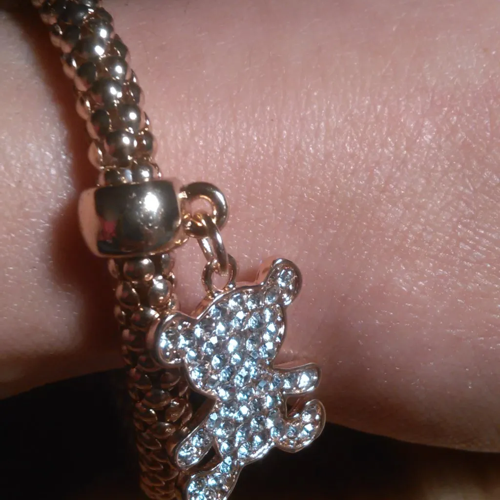 White Austrian Crystal Teddy Bear Goldtone Stretch Bracelet - Image 8