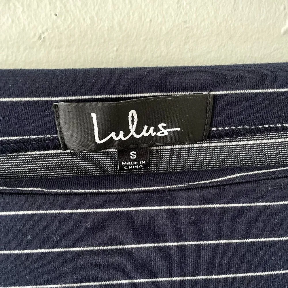 Lulus navy blue white striped bodycon dress short sleeves comfortable boat neck - Image 3