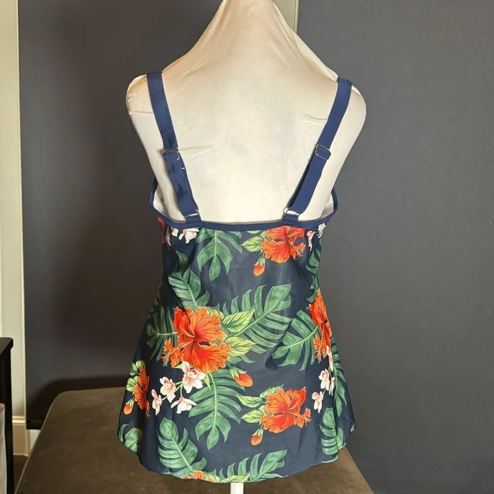 Women’s Navy Floral Tankini Two Piece Swimsuit Boy Short Bottom Size L (US8) NEW Blue - Image 3