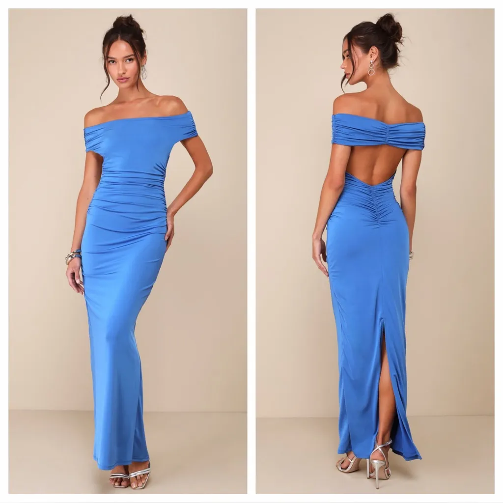 Lulus Brilliant Elegance Blue Off-the-Shoulder Backless Maxi
Dress - Image 2