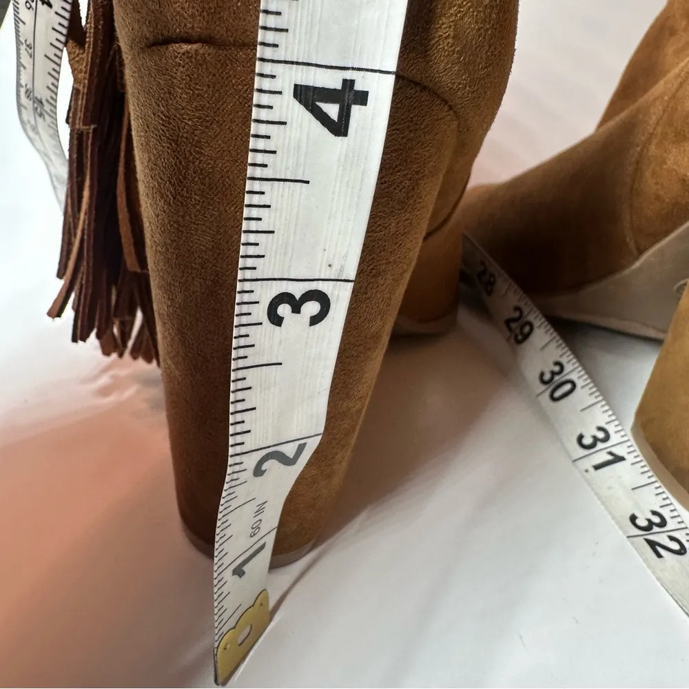 DV Dolce Vita Boots Womens 7.5 Fringe Booties Brown Leather Peep Toe Heeled Boho Tan - Image 11
