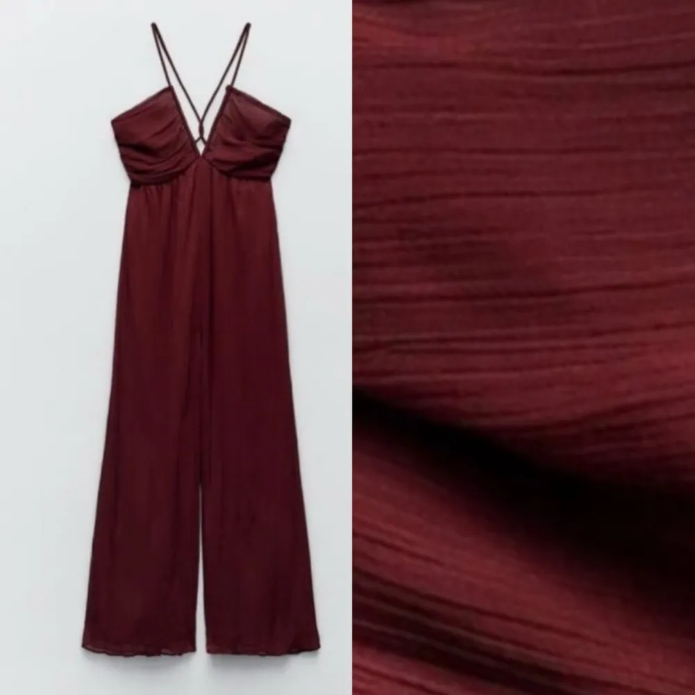 NWT ZARA LONG CROSSED BACK JUMPSUIT Chiffon Fabric Small Bloggers Fave Burgundy - Image 12