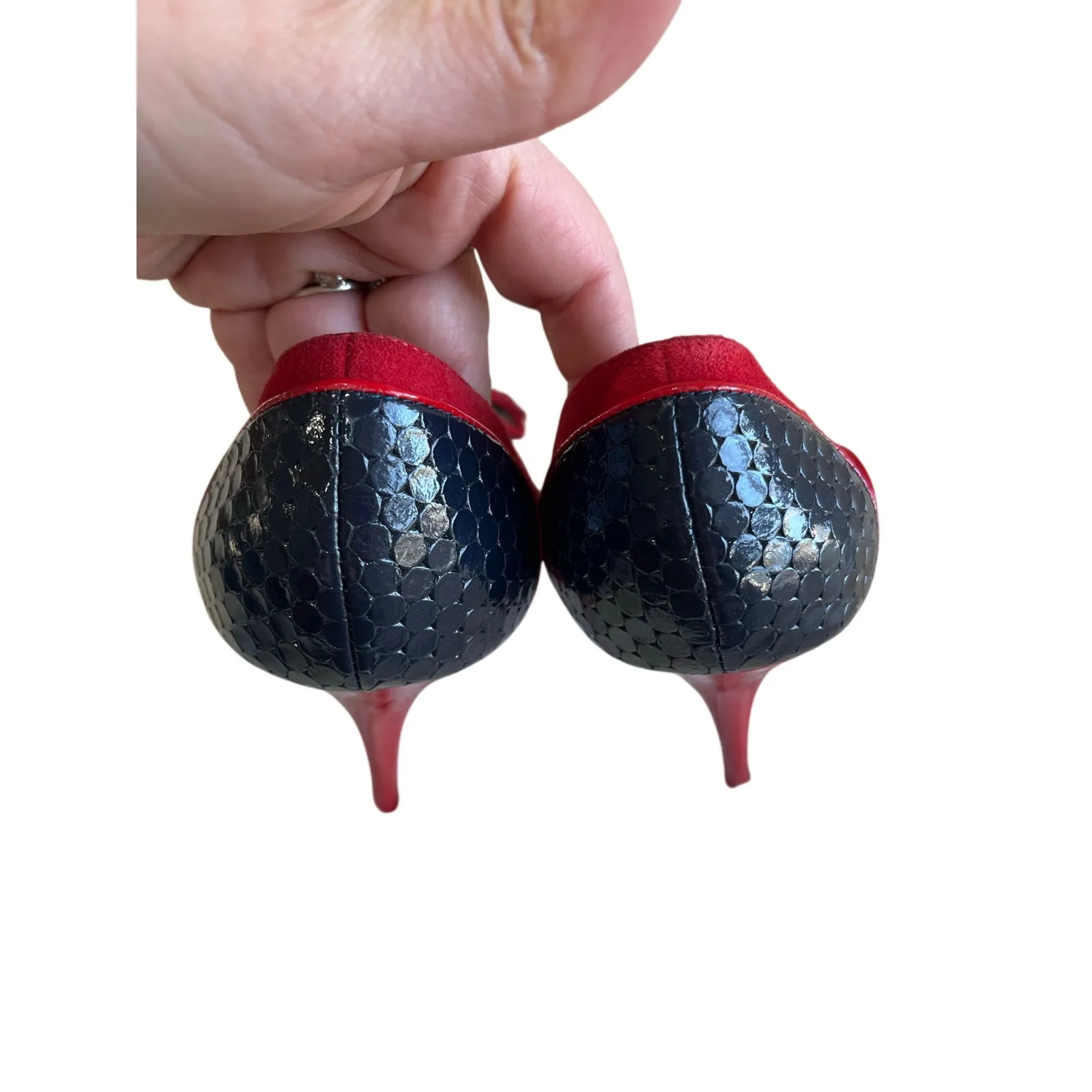 Vintage Betsey Johnson Navy Blue Red Bow Snakeskin Stiletto Y2K Heels Size 5.5 - Image 9