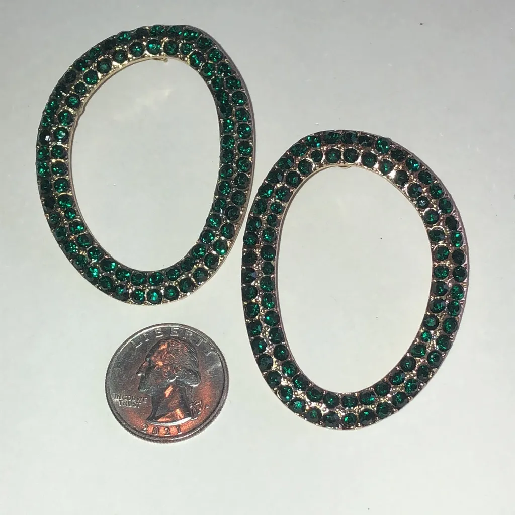 Huge Elegant Green Rhinestones Retro Boho Oval Earrings - Image 3