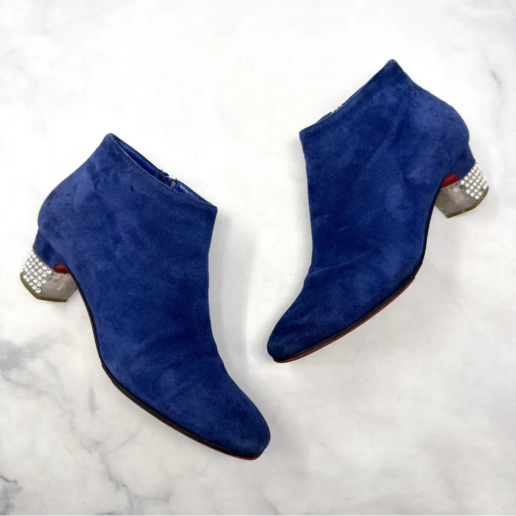 Christian Louboutin Gloria Booty 45 Suede Embellished Heel Ankle Boots Blue 35 - Image 2