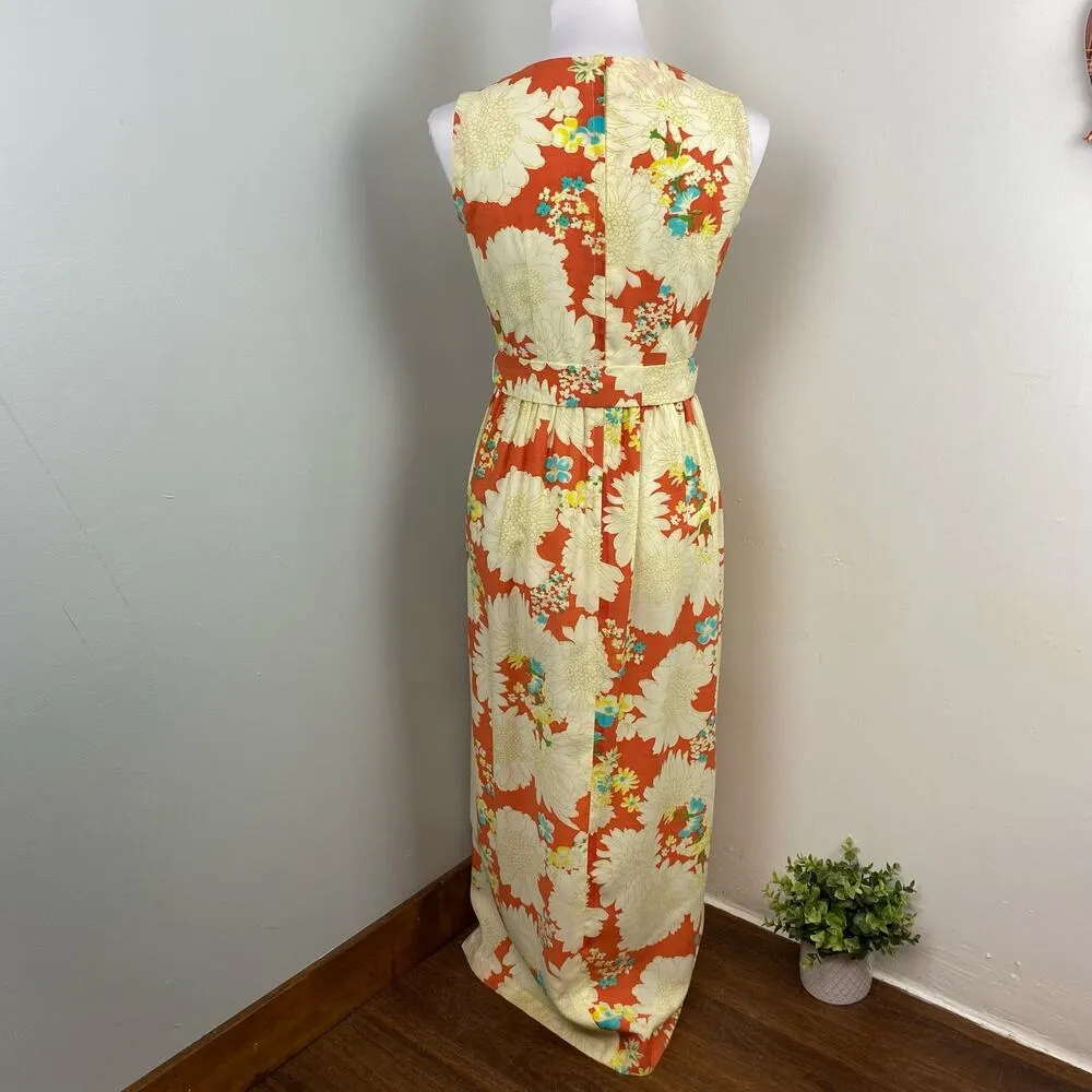 70s Vintage Homemade Boho Floral High Neck A Line Maxi Dress Small Yellow - Image 4