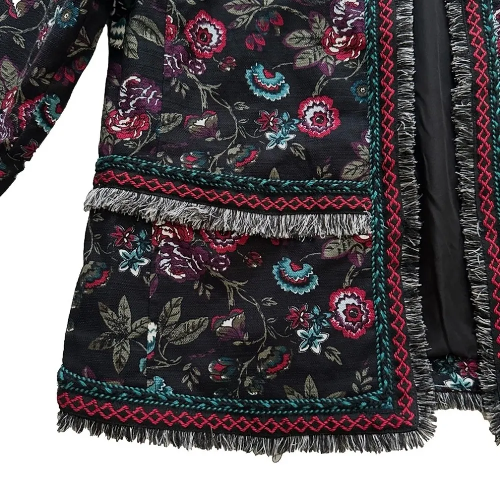 Loft Outlet Black Floral Fringe Embroidered 3/4 Sleeve Open Front Blazer Size 8 - Image 9