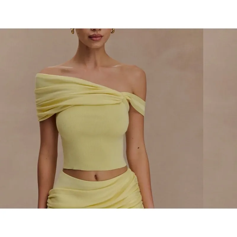 Meshki Top Gathered Knit Off Shoulder Irene Size XS Lemon Yellow - Image 4