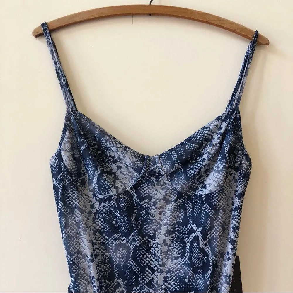 Blue Snakeprint Mesh Bralette Bodysuit Size L - Image 3
