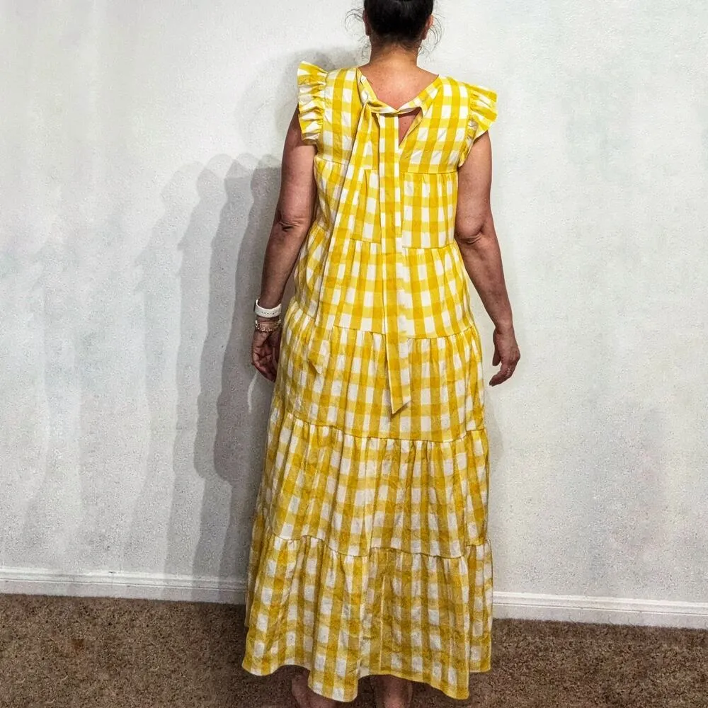 English Factory Yellow Textured Gingham Tiered Baby Doll Maxi Dress Sz M - Image 10