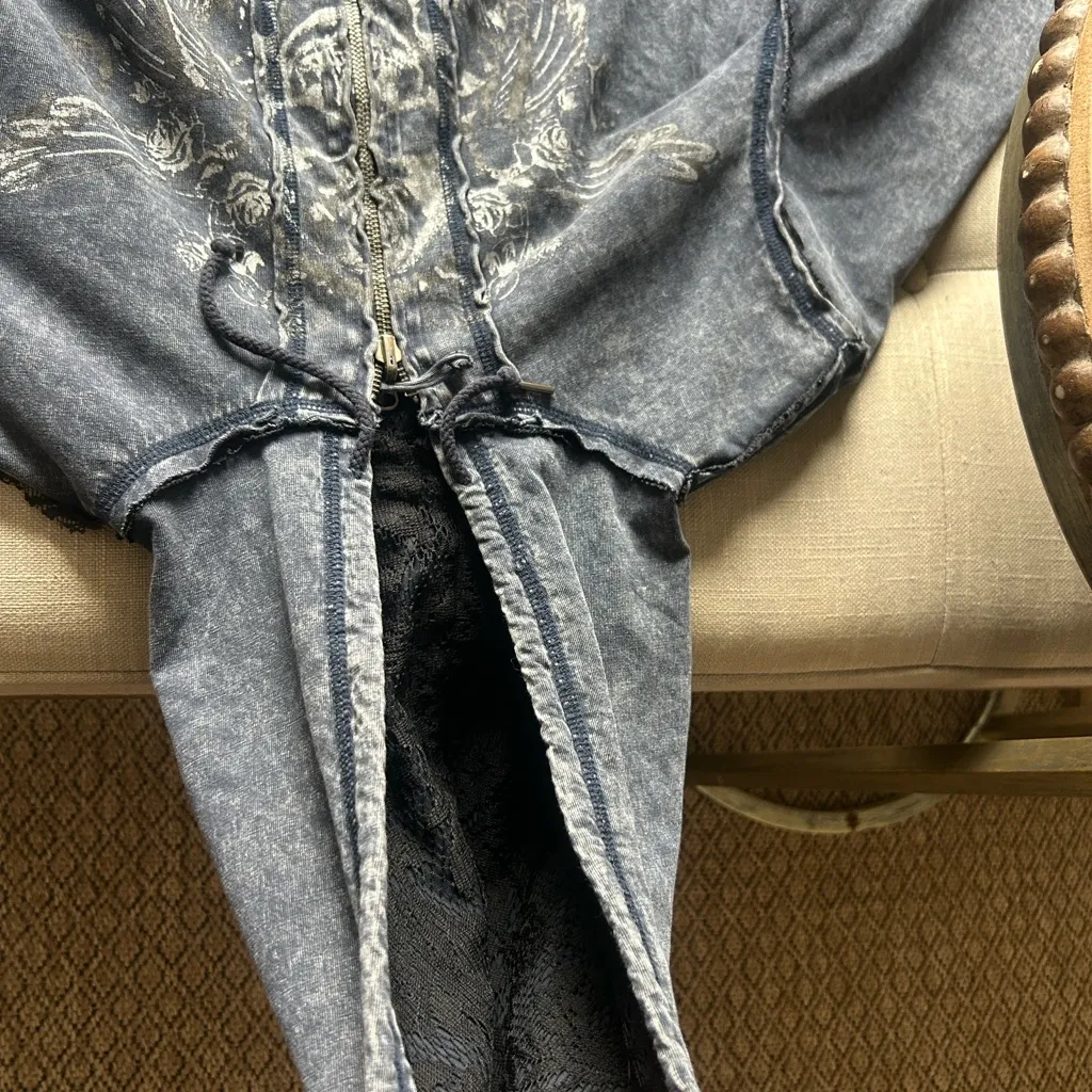 Harley Davidson Reversible Acid Washed and Black Lace Full Zip Biker Hoodie Blue Size XL - Image 3