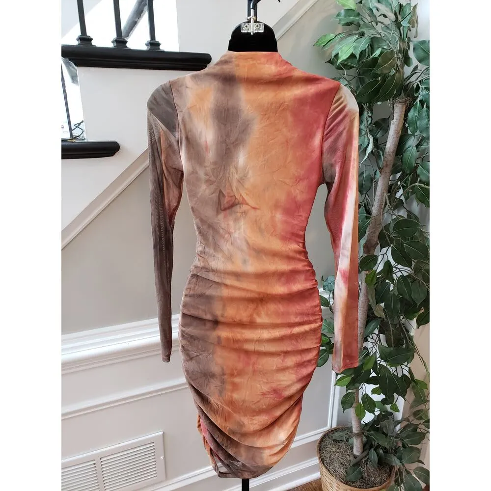 IRIS Bodycon Dress Women M Multicolor Long Sleeve Ruched Mesh Stretch Sexy - Image 6