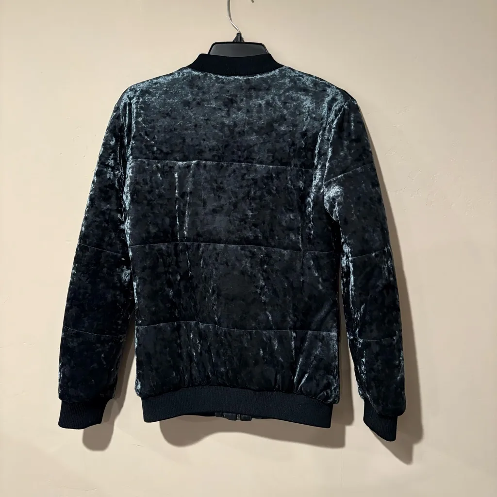 Pink + Sophie Velvet Full Zip Bomber Jacket | Size: Medium Blue - Image 2