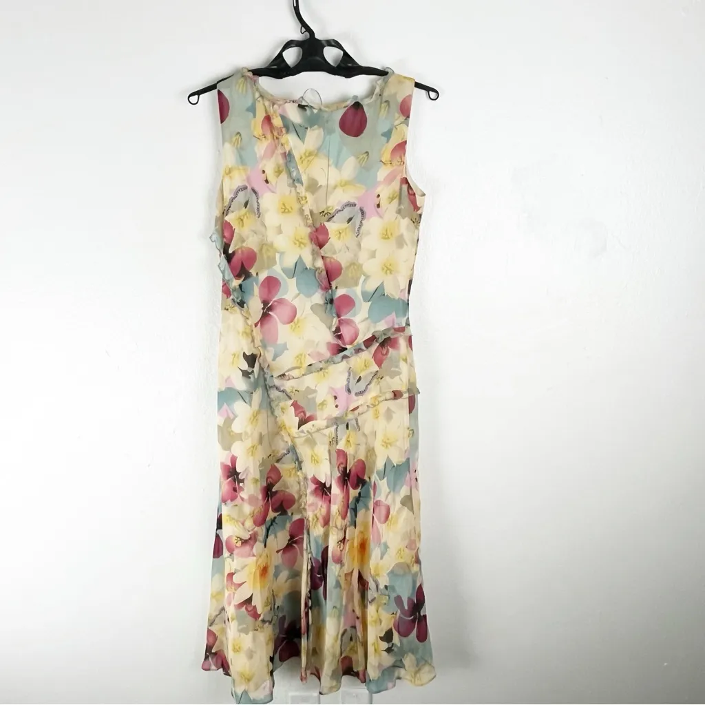 SUNDANCE 100% Silk Floral Ruffle Trim Detail V-Neck Lined Dress Size 6 - Image 2