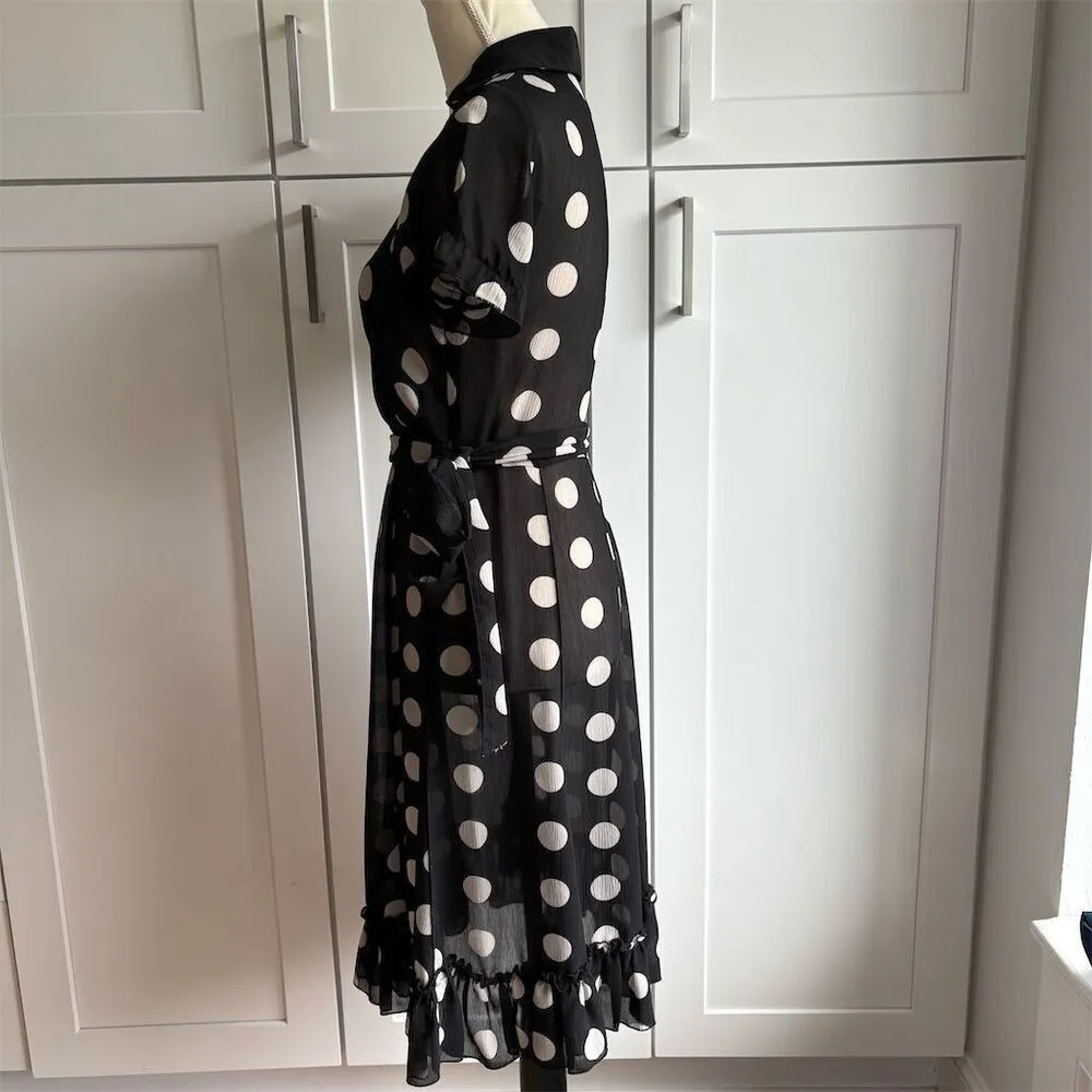 Sandra Darren Women's Size 4 Black Polka Dot Sheer Wrap Dress Midi Length A-line - Image 2