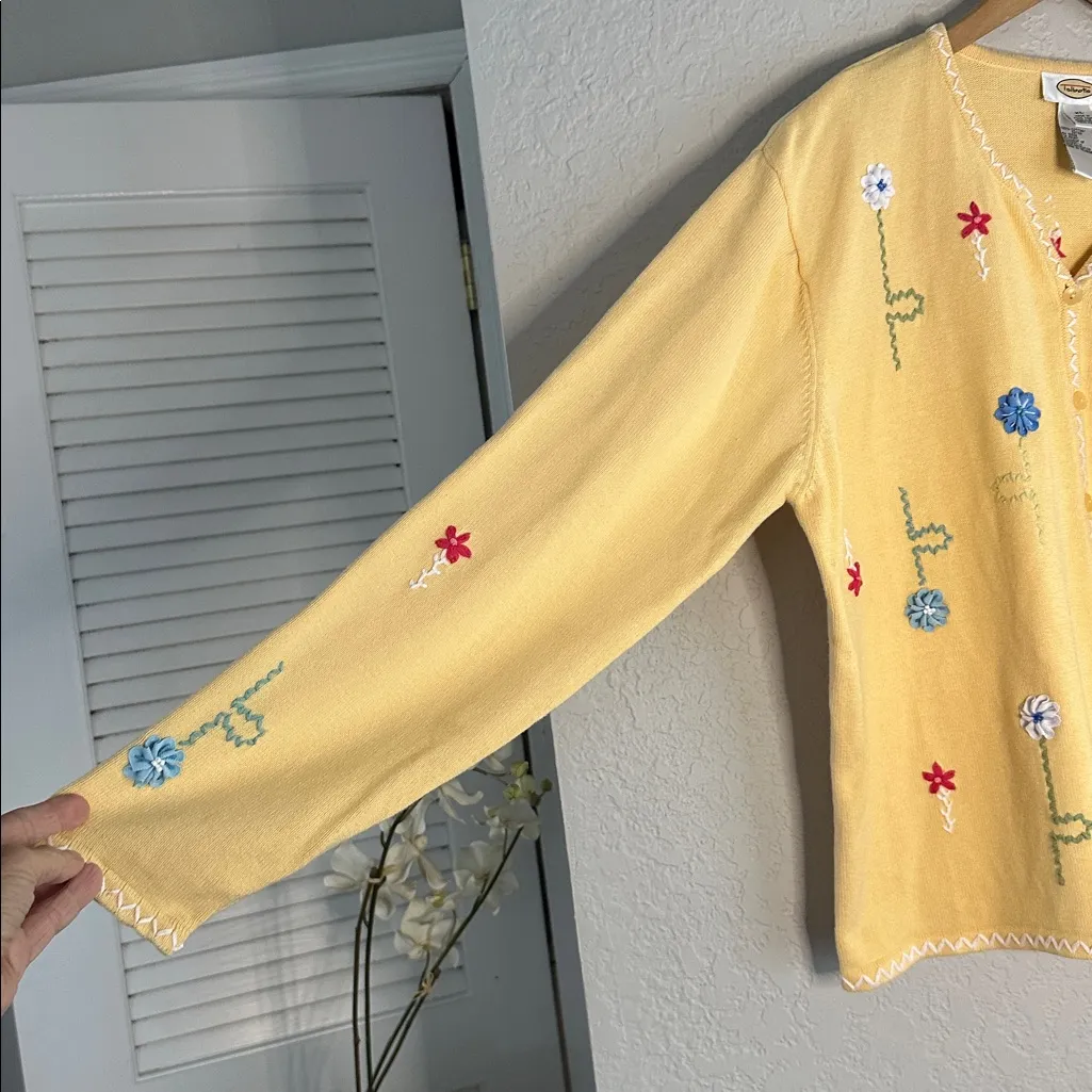 Vintage Talbots Embroidered Cardigan Sweater Teacher Flowers Yellow Cottage XL - Image 3