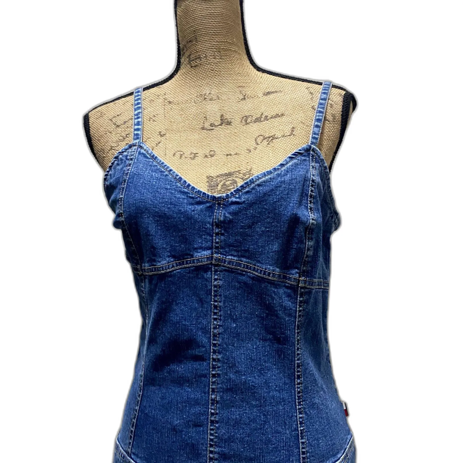Vintage Y2K Tommy Hilfiger Denim Mini‎ Dress Fitted Stretch Americana Size Large - Image 2