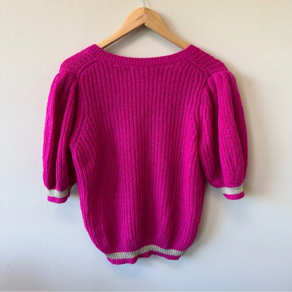 Lily Pulitzer Skylnn Knit Gold Metallic Pink V-Neck Sweater Puff Sleeve top - Image 5