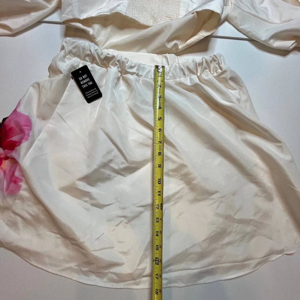 Express Puff Sleeve Cream Pink Cut Out Floral Print Mini Dress Smocked Back SZ M - Image 8