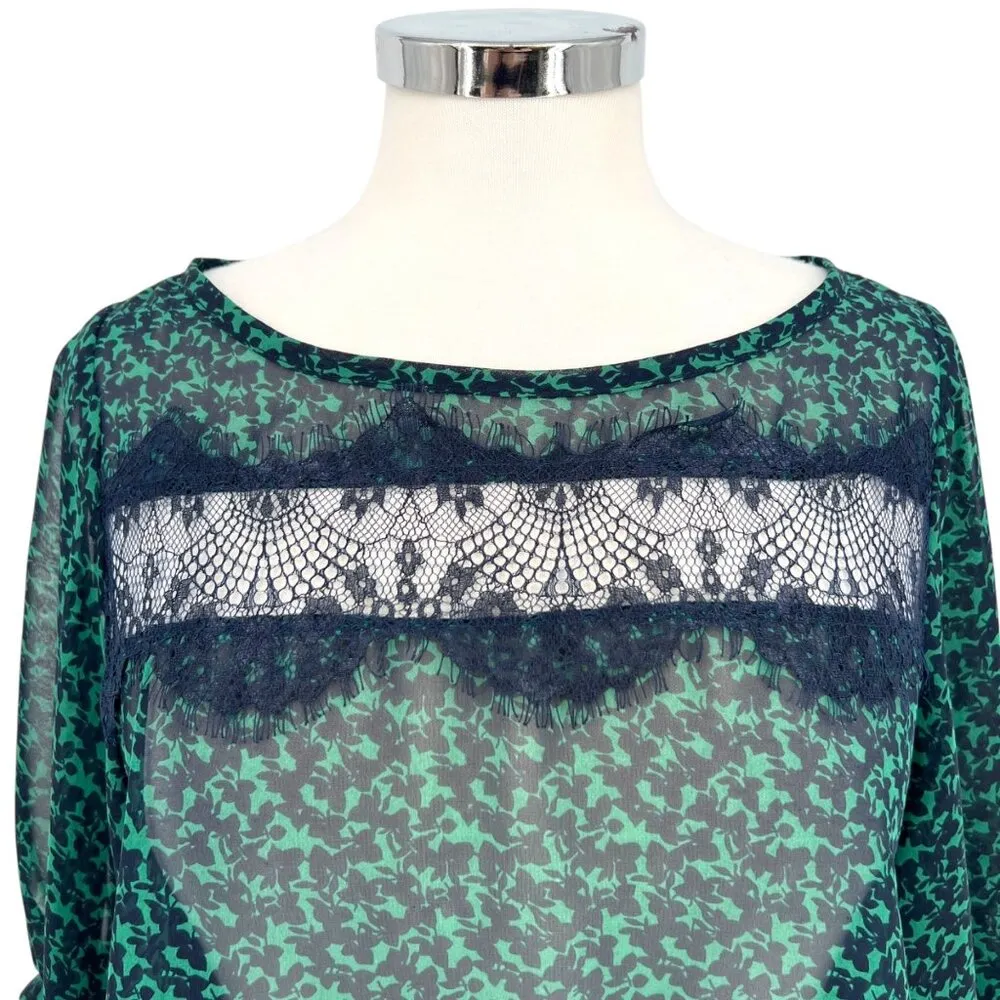 Lush Green Navy Sheer Lace Accent Blouse Half Sleeve Size Medium - Image 2