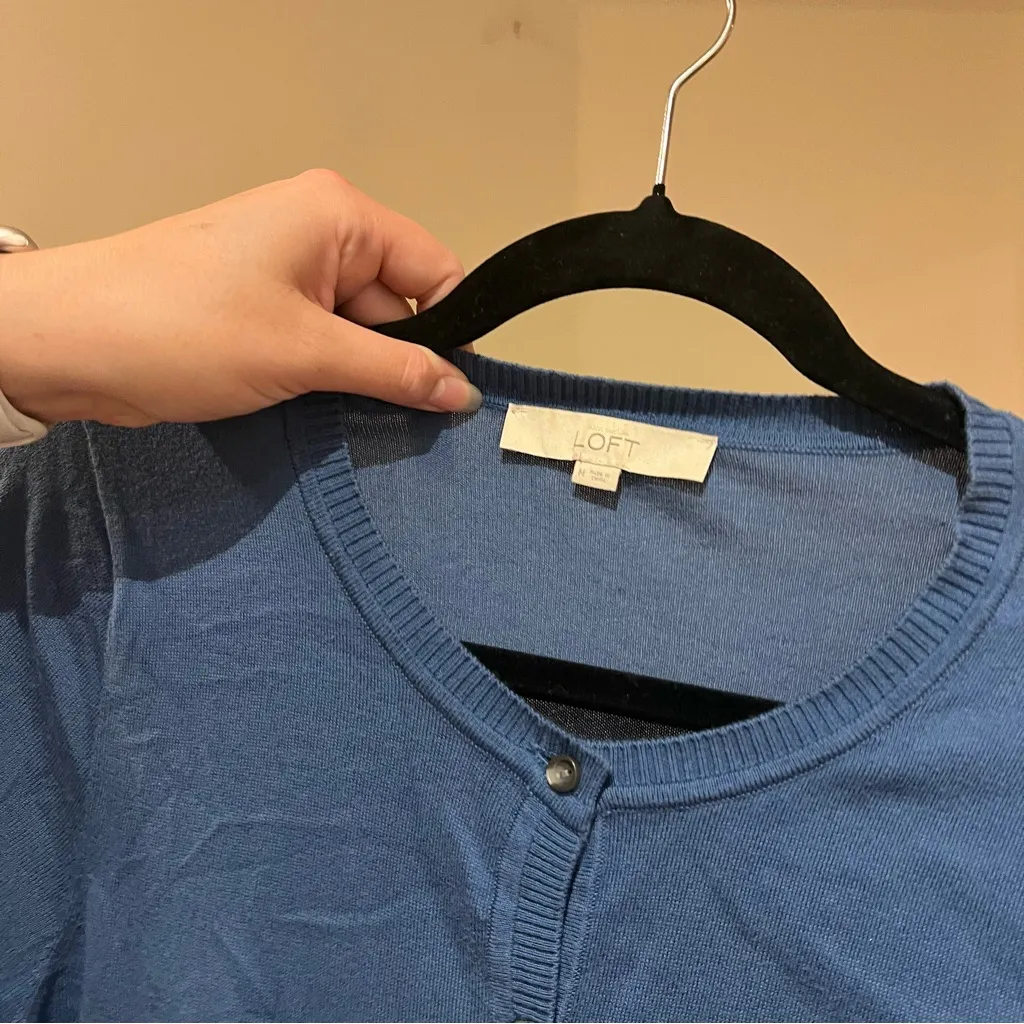 LOFT Blue Short Sleeve Button Up Sweater - Image 2