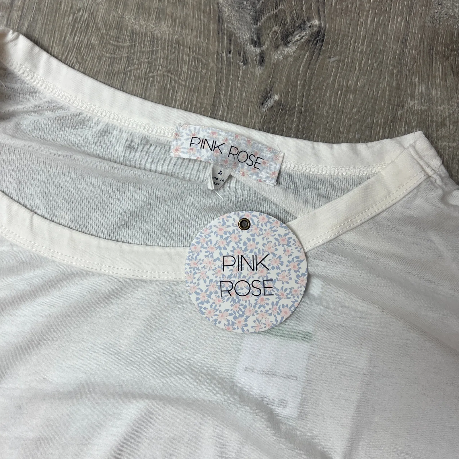 Pink Rose Juniors' Striped-Sleeve Ivory Twist-Front T-Shirt - Size Large - NWT - Image 3