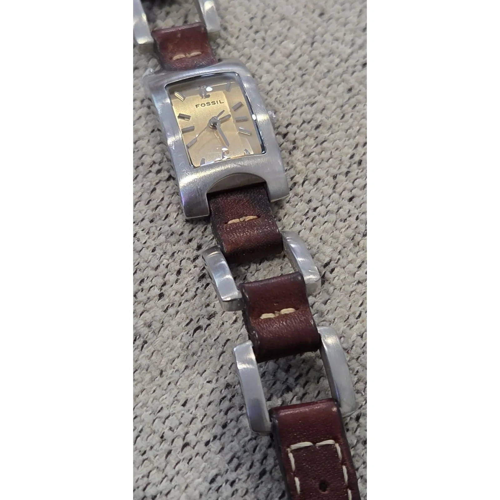 Fossil ES1117 Rectangle Gold Tone Face Brown Leather Link Watch Women - Image 3