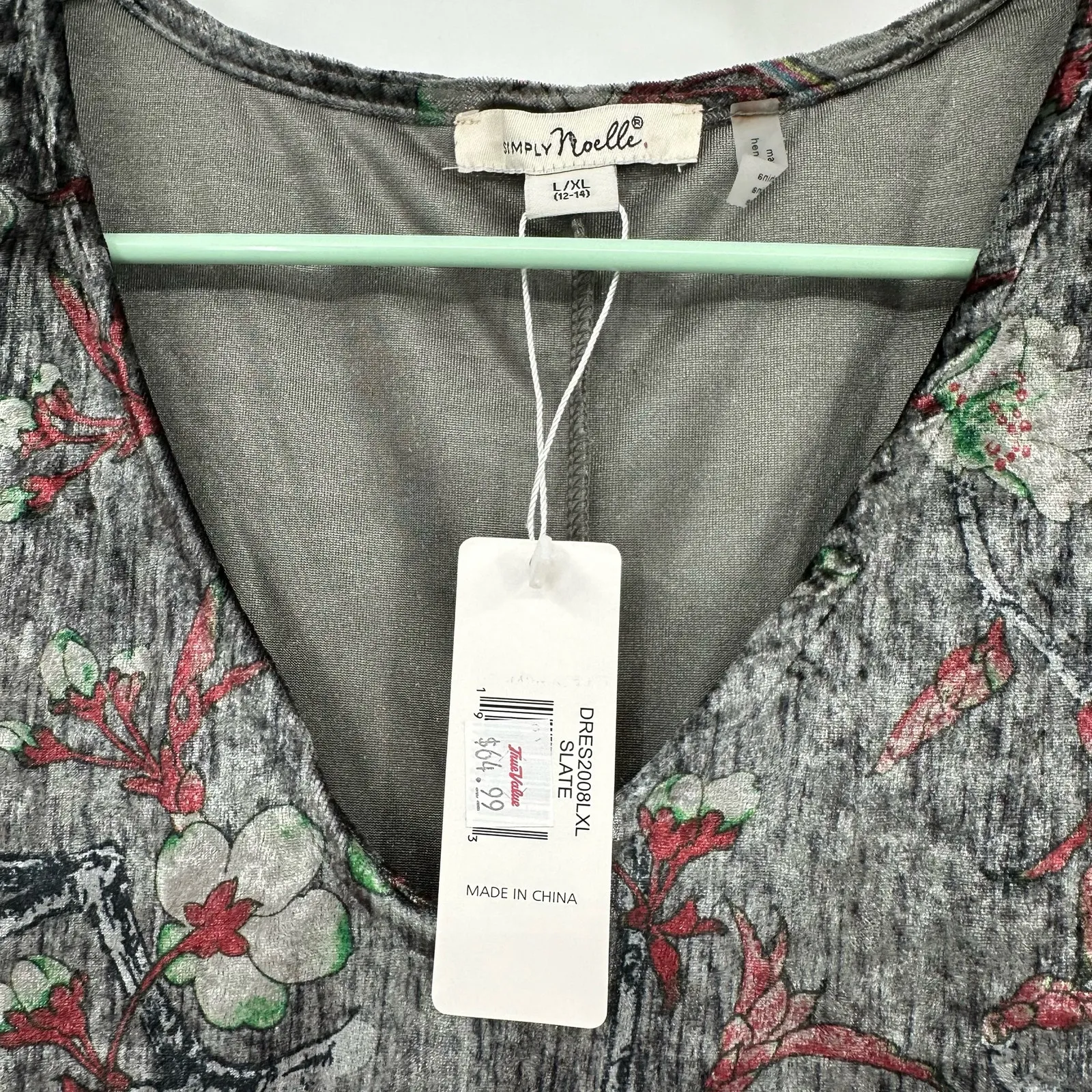 Simply Noelle Size L XL Dress Gray Floral Crushed Velvet Long Sleeve‎ V Neck NWT - Image 6